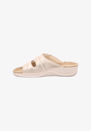 Beige åben tå slide sandal med to brede remme og en formet tekstureret sål for komfort og greb.