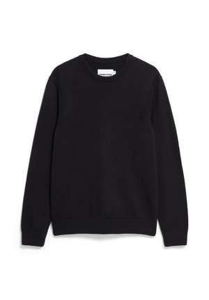 Schwarzer Rundhalsausschnitt-Pullover aus weichem Stoff, mit langen Ärmeln und gerippten Bündchen und Saum. Einfaches, minimales Design ohne Muster.