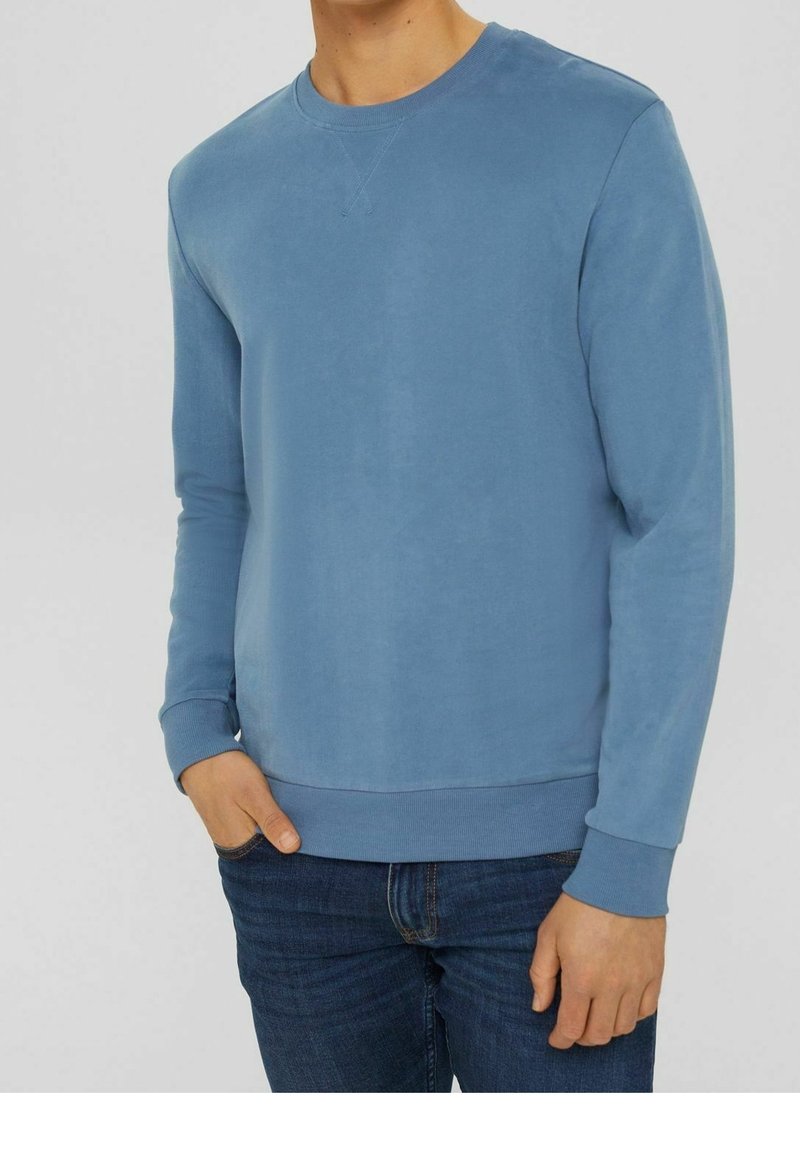 Sudadera azul con cuello redondo, hecha de un material suave. Presenta mangas largas y puños y dobladillo acanalados. Textura lisa, sin patrones.