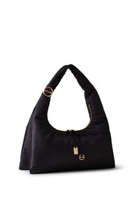 Black hobo bag with a soft, textured fabric, gold hardware accents, a zip closure, and a structured yet flexible shape.
