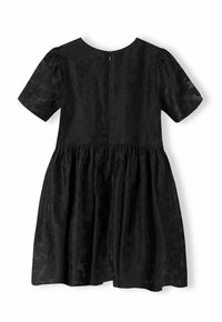Robe noire à manches courtes, col rond et fermeture éclair à l'arrière. Fabriquée dans un tissu texturé avec un motif subtil.
