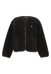 Czarna polarowa kurtka na zamek z przodu, z rękawami raglanowymi, bocznymi kieszeniami i małym logo na piersi. Miękka tekstura o puszystym wyglądzie.