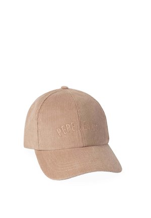 Casquette de baseball en velours côtelé beige avec visière incurvée, ornée d'un logo "Pepe Jeans" en relief discret sur le panneau avant.
