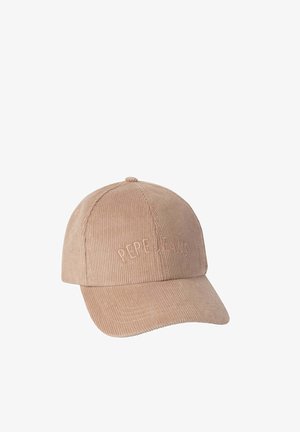 Beige corduroy baseball cap med buet skygge, prydet med et diskret præget "Pepe Jeans" logo på frontpanelet.