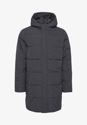 Palton puffer gri închis cu glugă, având un design matlasat, închidere cu fermoar frontal și mâneci lungi. Textură netedă, fără buzunare vizibile.