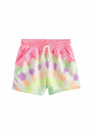 Różowe szorty z elastycznym pasem, białym sznurkiem, przednimi kieszeniami oraz wielokolorowym, pastelowym wzorem tie-dye w fioletowym, pomarańczowym, zielonym i białym kolorze.