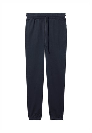 Pantalones de chándal azul marino con cintura elástica y cordón ajustable. Los puños son elásticos para un ajuste ceñido en los tobillos. Tejido de textura suave.