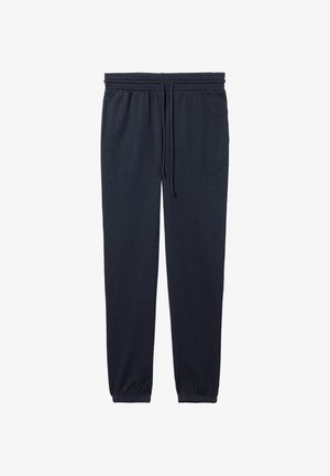 Granatowe dresy z elastyczną talią i regulowanym sznurkiem. Rękawy są elastyczne, aby zapewnić dopasowany wygląd w kostkach. Miękka faktura materiału.