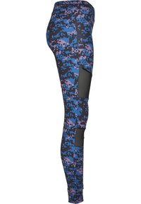 Leggings s plavim, ljubičastim i crnim pikseliranim uzorkom, s teksturiranim crnim panelom sa strane. Lagani, rastezljivi materijal.