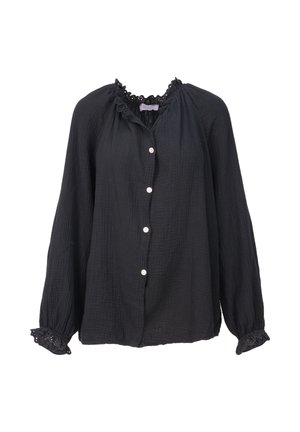 Schwarze Bluse mit langen Ärmeln und weißen Knöpfen, strukturiertem Stoff, Spitzenbesatz an Kragen und Manschetten sowie einem lockeren, entspannten Schnitt.