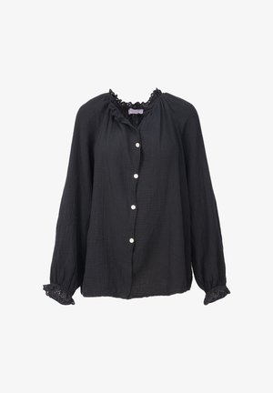 Schwarze Bluse mit langen Ärmeln und weißen Knöpfen, strukturiertem Stoff, Spitzenbesatz an Kragen und Manschetten sowie einem lockeren, entspannten Schnitt.