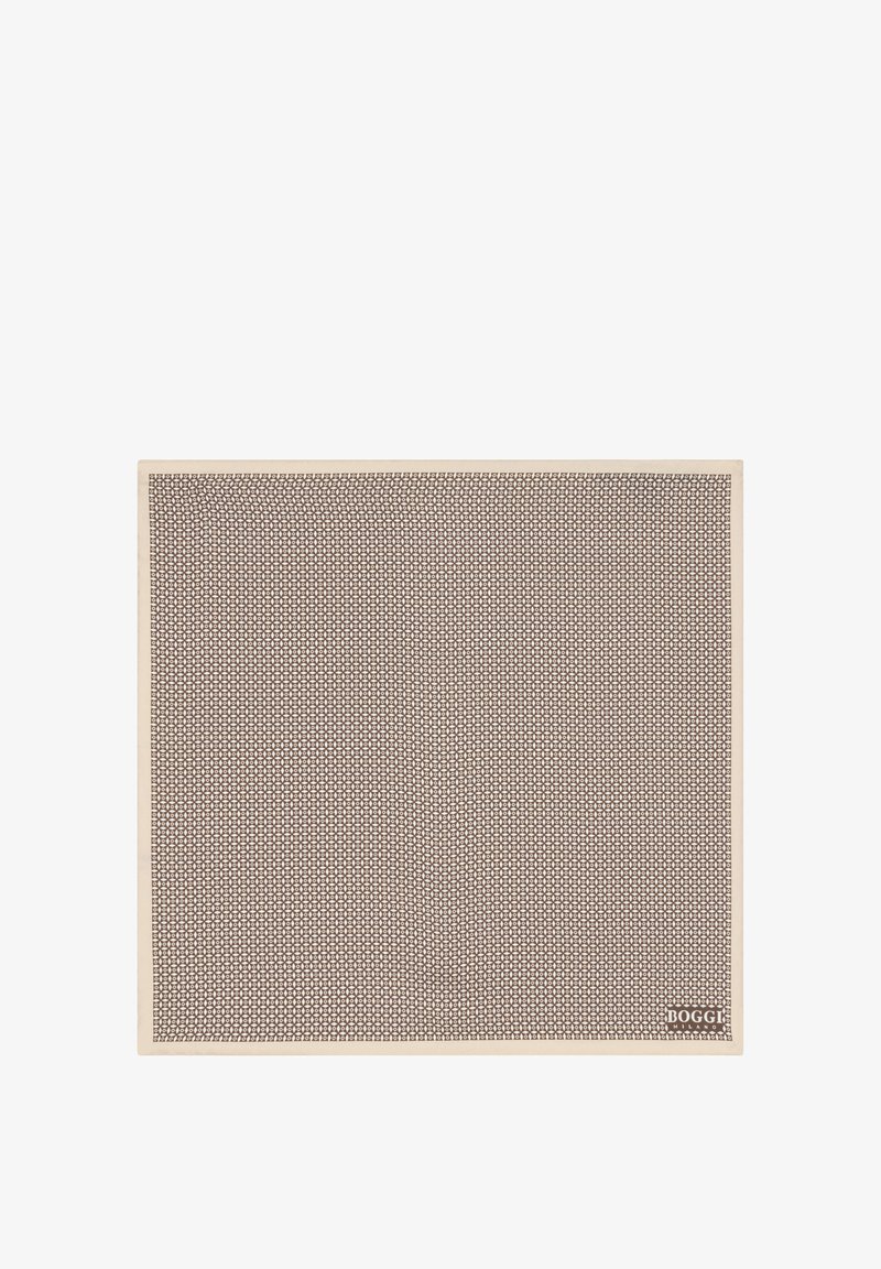 Foulard carré beige et marron à motifs avec de petites formes entrelacées et le logo "Boggi Milano" en bas à droite.