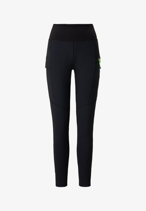 Black athletic leggings with a high waistband, featuring a side pocket and bright green accents on the sides and seams. Smooth texture.