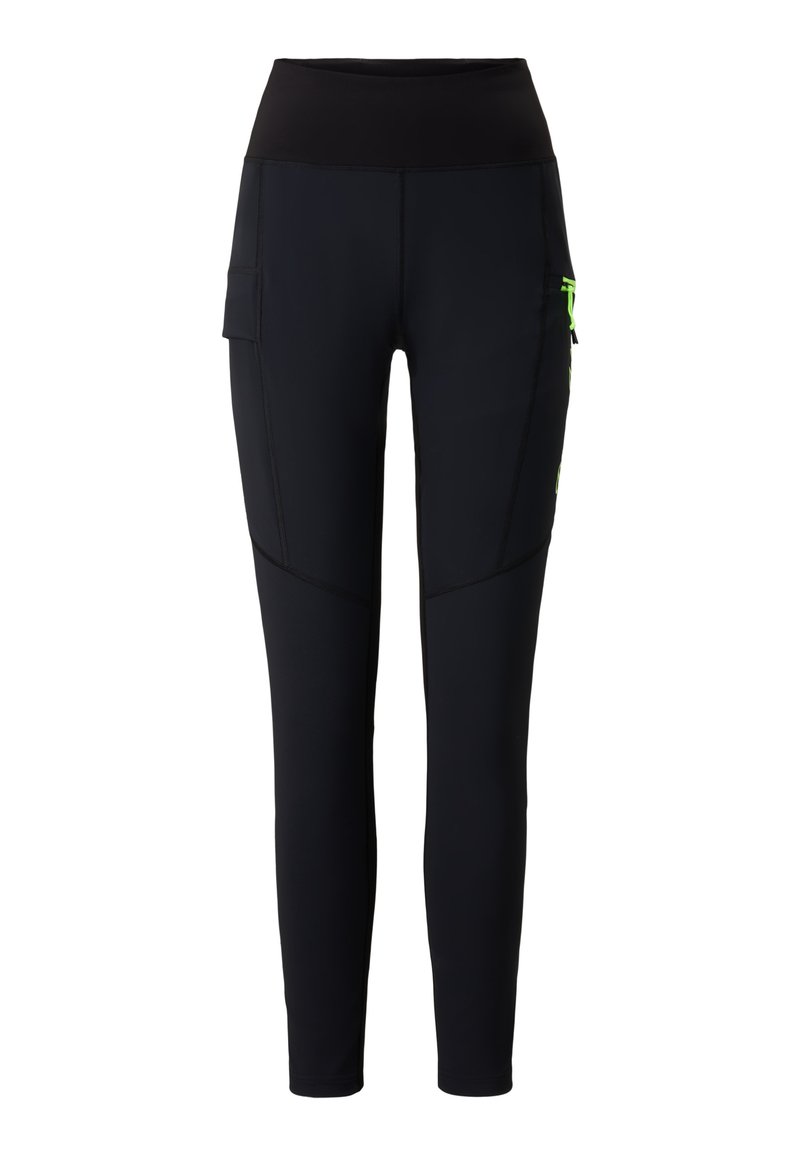 Schwarze Sportleggings mit hohem Bund, ausgestattet mit einer Seitentasche und leuchtend grünen Akzenten an den Seiten und Nähten. Glatte Textur.