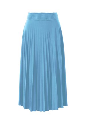 Lichtblauwe geplooide midirok met een gestructureerde elastische tailleband, vloeiende stof en een gladde afwerking.