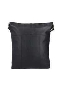 Black leather bag with a soft texture, fold-over top, and a flat rectangular shape. Features minimal stitching and a single shoulder strap.