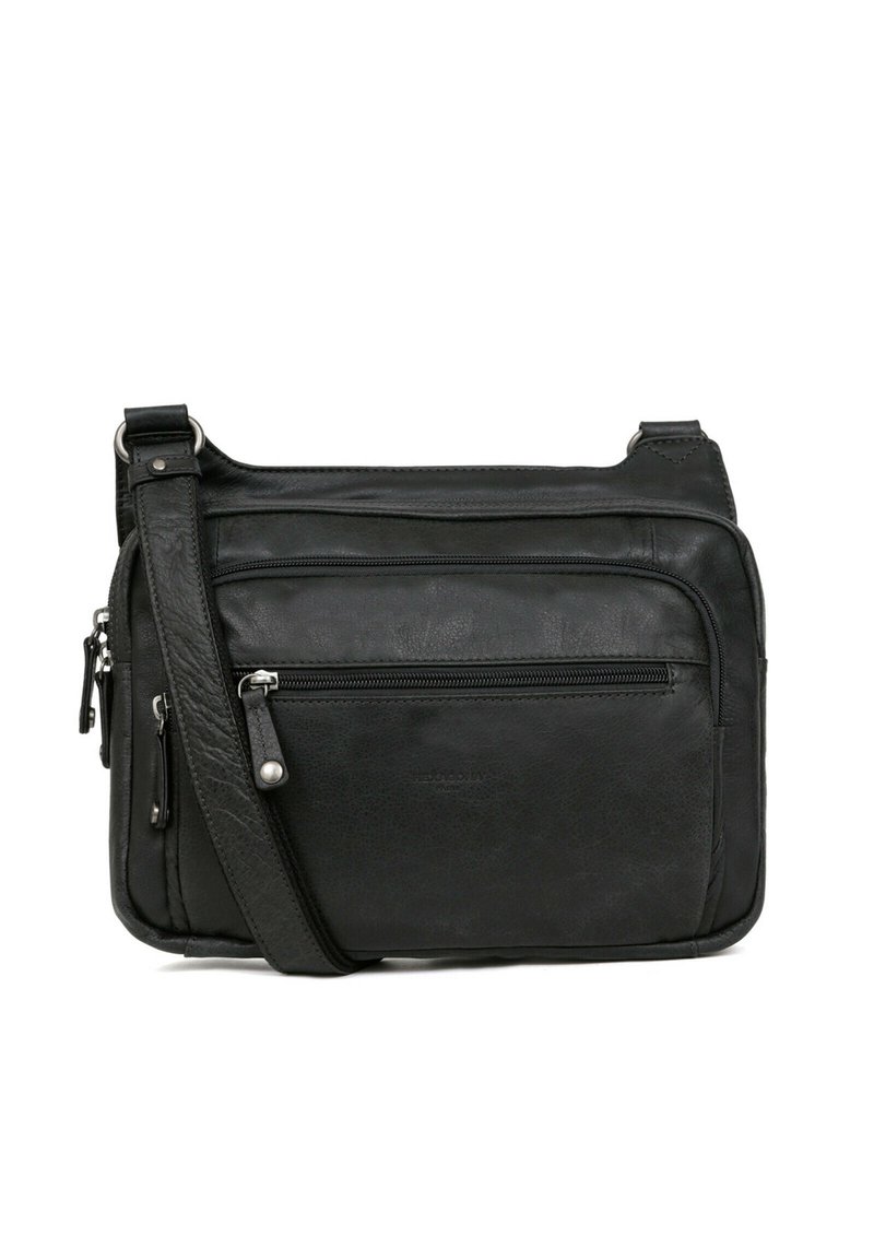Borsa a tracolla nera in pelle con una tracolla regolabile, dotata di due tasche frontali con zip e design della superficie testurizzato.