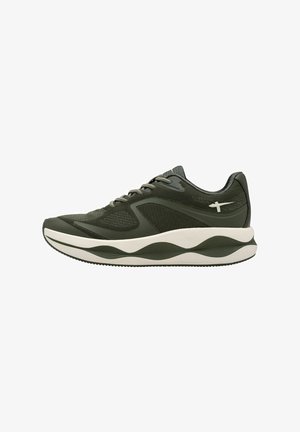 Dark green athletic shoe featuring a mesh upper, cushioned sole with wave-like design, and contrasting white accents.