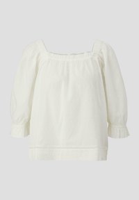 Blouse blanche avec un décolleté carré, des manches bouffantes et un motif texturé subtil. Finition avec un ourlet décoratif et des poignets volantés.