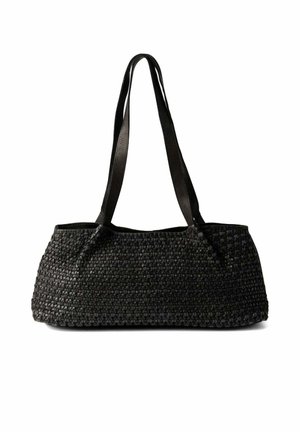 Borsa a mano rettangolare nera intrecciata con due lunghe cinghie di pelle, mostrata su sfondo bianco.