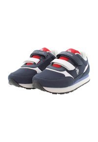 Marinblå tygskor med vita och röda accenter, med dubbla kardborreband och en texturerad gummisula. Logotypdetalj på sidan.