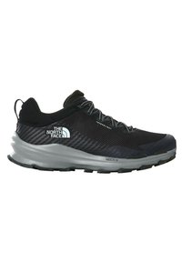 Zapatilla de trail running negra con parte superior de malla, suela de goma texturizada y acentos reflectantes. Marca destacada en el lateral.