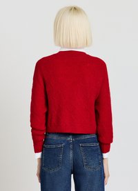 Person mit kurzen blonden Haaren, der einen roten strukturierten Pullover und Jeans trägt, von hinten vor einem einfarbigen Hintergrund gesehen.