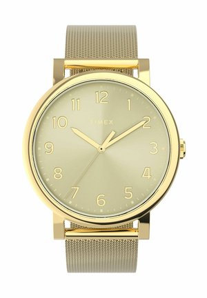 Zlatni Timex ručni sat s mrežastim remenom, okruglim brojčanikom, arapskim brojkama i kazaljkama koje pokazuju 10:10:37.