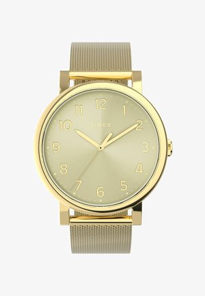Zlatni Timex ručni sat s mrežastim remenom, okruglim brojčanikom, arapskim brojkama i kazaljkama koje pokazuju 10:10:37.