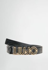 Ceinture en simili cuir noir avec une boucle dorée "LIU JO", affichant une texture lisse et un design épuré.