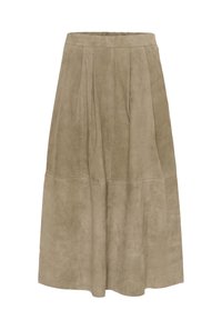 Semišová sukňa v jemnej béžovej farbe so skladaným dizajnom, strednej dĺžky, s hladkou textúrou a jemnými detailmi šitia.