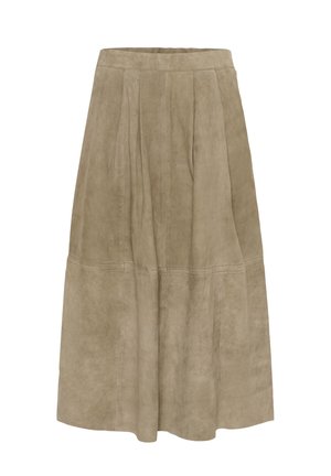 Fustă din piele întoarsă, de culoare bej deschis, cu design plisat, lungime medie, cu textură fină și detalii subtile de cusături.