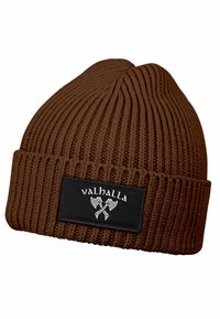 Brown knitted beanie with a ribbed texture and a black rectangular label featuring white text and crossed axes design.