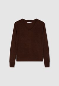 Maglione marrone a scollo a V realizzato in tessuto lavorato a maglia. Presenta maniche lunghe e un orlo a coste, offrendo una vestibilità comoda.