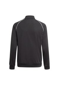 Černá sportovní bunda s vysokým límcem, dlouhými rukávy a elastickými manžetami. Na ramenou a na zádech je bílé lemování. Hladká textura.