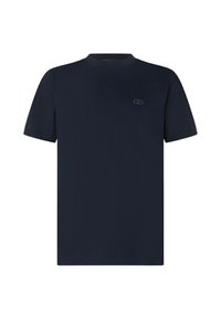 Maglietta a maniche corte blu navy con collo rotondo, realizzata in tessuto solido. Presenta un logo sottile dello stesso colore sul petto.