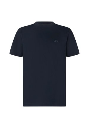 Maglietta a maniche corte blu navy con collo rotondo, realizzata in tessuto solido. Presenta un logo sottile dello stesso colore sul petto.
