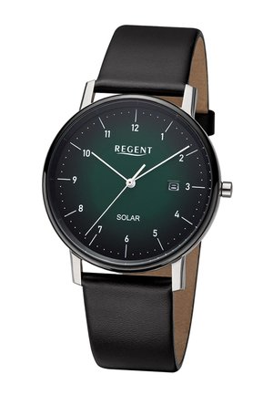 Runde schwarze Solaruhr mit silbernem Gehäuse, schwarzem Lederarmband, weißen Stundenmarkierungen, Datumsfenster bei 3 Uhr und "REGENT"-Logo auf dem Zifferblatt.