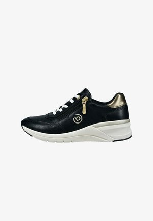 Black leather sneaker with white laces, a metallic gold accent at the heel, zippered side, and a cushioned white sole.
