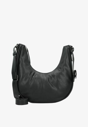 Schwarze Ledertasche mit einer weichen, abgerundeten Form, glatter Textur, verstellbarem Tragegurt und Reißverschlussdetails.