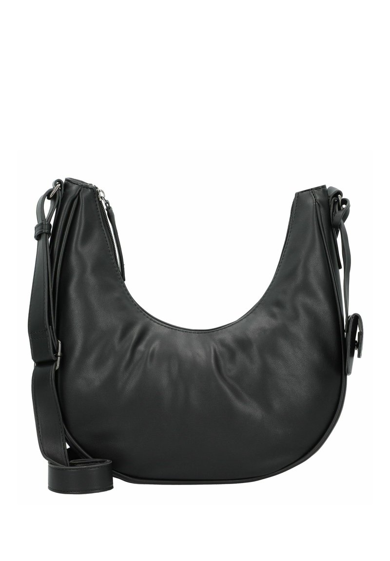 Sac à bandoulière en cuir noir avec une forme douce et arrondie, texture lisse, sangle réglable et détails de fermeture éclair.