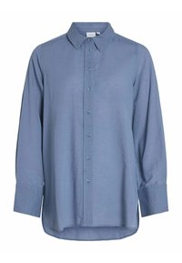 Svetlo modra majica z dolgimi rokavi iz tkanine, ki ima koničast ovratnik, sprednje zapiranje na gumb in rahlo ukrivljen rob.