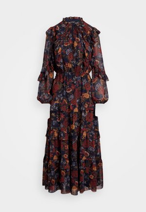 Abito lungo floreale in chiffon con colori blu navy, rosso e oro. Presenta maniche arricciate, collo alto e gonna a strati.