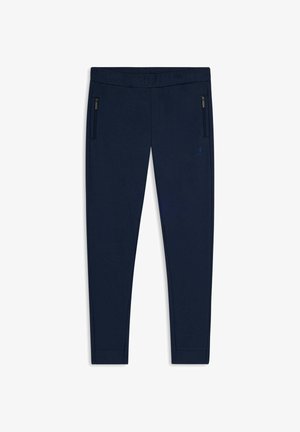 Pantalon de sport bleu marine avec une texture lisse, comprenant deux poches zippées et un logo sur la cuisse gauche. Coupe ajustée.