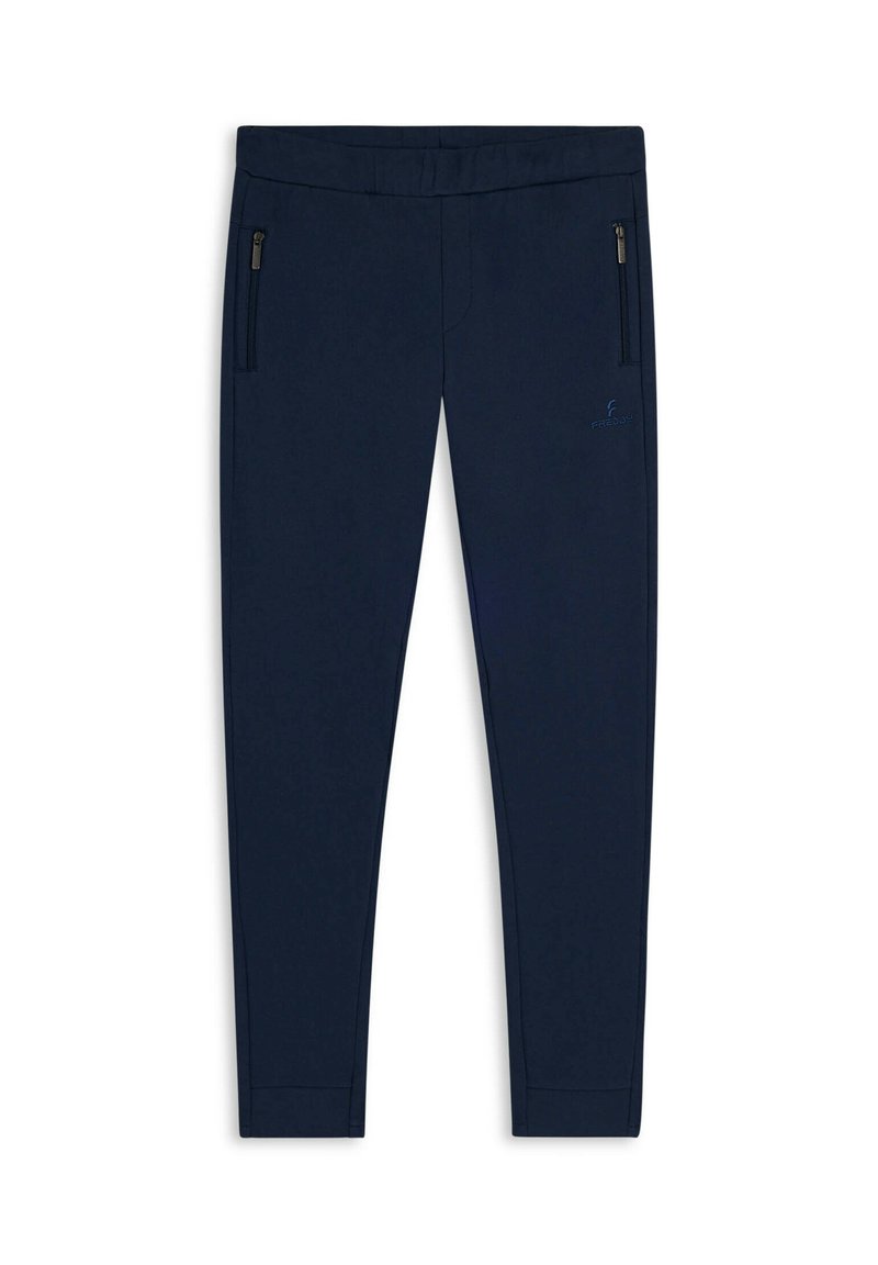 Pantalones deportivos azul marino con textura suave, con dos bolsillos con cremallera y un logo en el muslo izquierdo. Diseño ajustado.