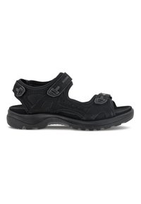 Svart sandal med syntetisk ovandel, justerbara remmar, öppen tå-design, vadderad sula och texturerad gummiyttersula för bra grepp.