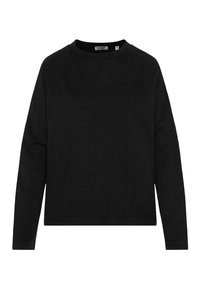 Schwarzes Langarm-T-Shirt mit Rundkragen und Raglanärmeln, schlichte Gestaltung und sichtbares Größenetikett in der Krageninnenseite.