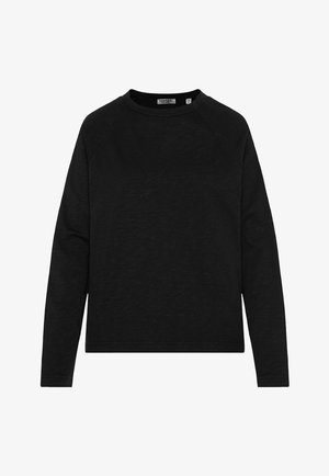 Black long-sleeve crewneck shirt with raglan sleeves, plain design, and medium size label visible inside the collar.