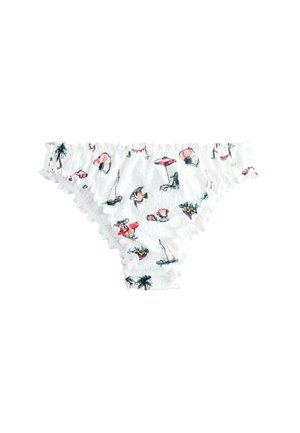Hvide bikinibunddele med flæsekanter, prydet med farverige strandtema-prints som parasoller, palmer, fisk og cocktails.