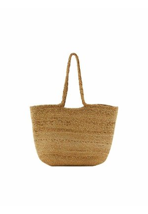 Grand sac fourre-tout en paille tissée avec deux poignées tressées, couleur marron clair naturel, design simple, adapté pour porter des objets.